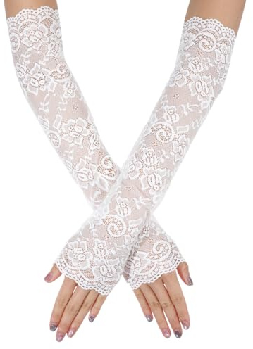 Gtziqa Fingerless White Lace Gloves for Women Elbow Length Lace Arm Sleeves Elegant Long Floral Laces Fingerless Gloves for Dance Party Tea Party Cosplay 20s Accessories Evening Wedding Dinner Bridal