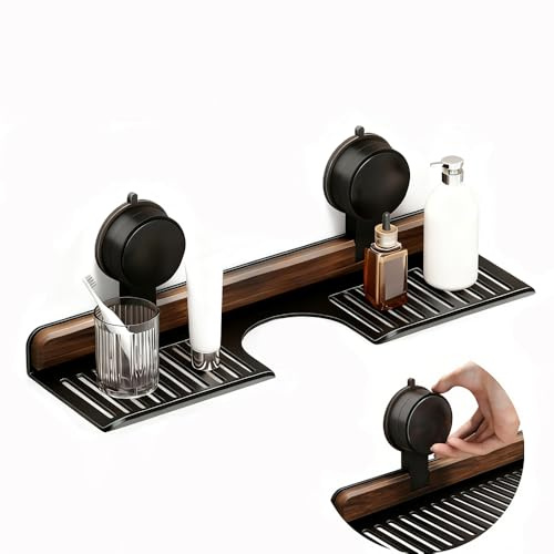 Walnuss Saugnapf Regal, Extra Breites Waschbeckenregal mit Ablauflöchern | Ohne Bohren Badezimmer Organizer, Bad Möbel Wandregal Bad für Schlafzimmer Küche (Schwarz, 40cm)