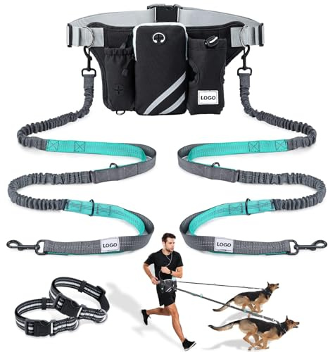 Dual Dog Leash with Retractable Bungees, Adjustable Waist Belt, Reflective Stitching for Running, Walking, Hiking, Jogging, Biking, Black and Grey