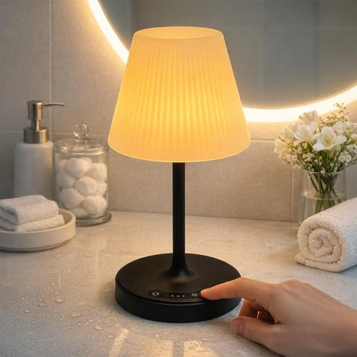 ZEONX Rechargeable LED Shower Table Lamp Waterproof with Battery Indicator, Touch Control with 3 Colour & Stepless Dimming, USB Reverse Charging, Portable Night Light for Outdoor & Home – Black