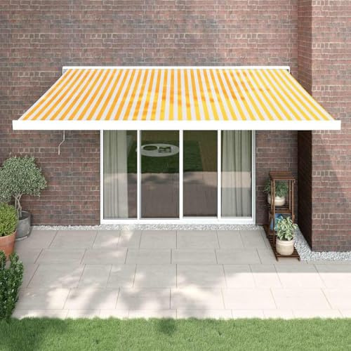 Elektrische Markise Einziehbar, Gelb-Weiß 4,5x3 m, Stoff & Aluminium, UV-Schutz für Terrasse, Balkon, Garten, Motorisierte Gelenkarmmarkise mit Fernbedienung