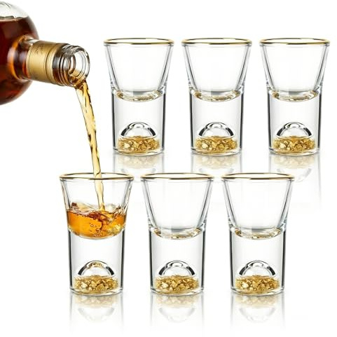 Woobroo 6-Pack 25ML Shot Glasses Gold-Rimmed Glass Shot Cups with 24-Karat Gold Flakes - Spirit Glasses for Cocktails, Vodka, Tequila, Liqueurs