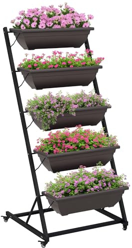 Outsunny 5 våningar växtstativ, 145 cm högt blomstativ med hjul krukor, växthylla av stål, flervåningshylla, blomhylla, blomkruksstativ för trädgård balkong, brun