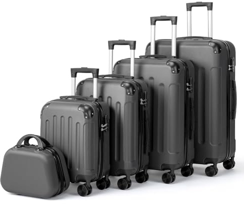 LALAHO Kofferset 5 teilig mit Kosmetikkoffer(Dunkelgrau) | Hartschalen Koffer Set aus ABS, Reisekoffer Set, Gepäckset mit Schminkkoffer, Handgepäck