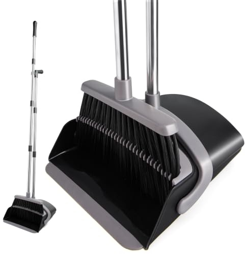 OOOFLOWER Long Handled and Upright Broom and Dustpan Combo Set,Carbon Black | Dustpan with Comb Teeth.House Cleaning Kit for Pet Hair Home Kitchen Lobby and Outdoors