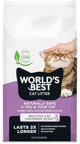 WORLD'S BEST CAT LITTER Multiple Cat Lavender Scented 15-Pounds - Natural Ingredients, Quick Clumping, Flushable, 99% Dust Free & Made in USA - Calming Fragrance & Long-Lasting Odor Control