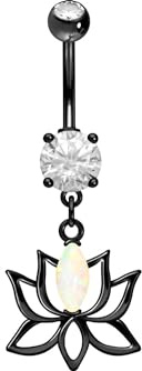 PIERCINGLINE Piercing de nombril en acier chirurgical - Design laiton - Fleur de lotus opale - Piercing banane banane - Choix de couleurs, Acier chirurgical 316L / laiton, Cristal