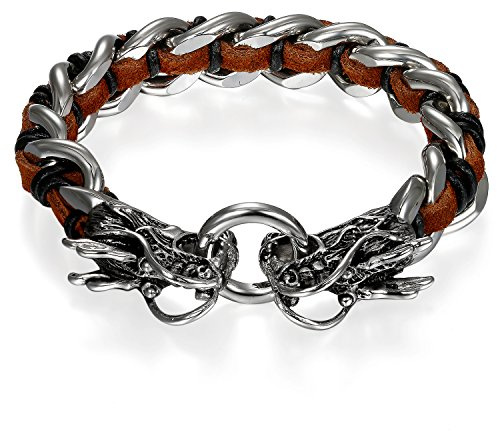 Flongo Herren-Armband Leder-Armband, Edelstahl Leder Echtleder Armband Armreifen Manschette Silber Braun Doppel Doppelseitig Drachen Ring Motorradfahrer Biker Herren Männer