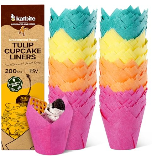 Katbite 200 PCS Cupcake Cases Tulip Yellow Orange Red Green | Standard Muffin Liners, Disposable Baking Cups for Parties, Birthdays, Greaseproof Muffin Cups