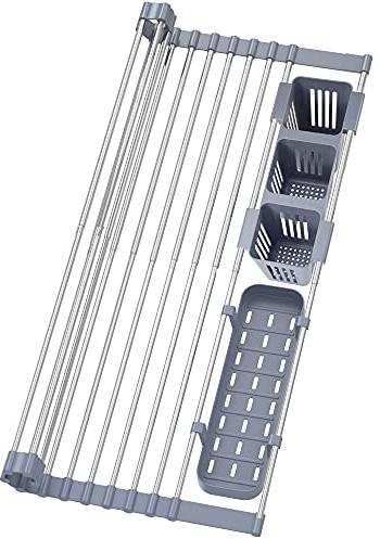 BBXTYLY Expandable Roll Up Dish Drying Rack Up to 22.8''with 2 Storage Baskets,Over The Sink Kitchen Rolling up Dish Drainer Drying Rack, Foldable,Rollable,for Kitchen Dishes(Expandable Width Size)