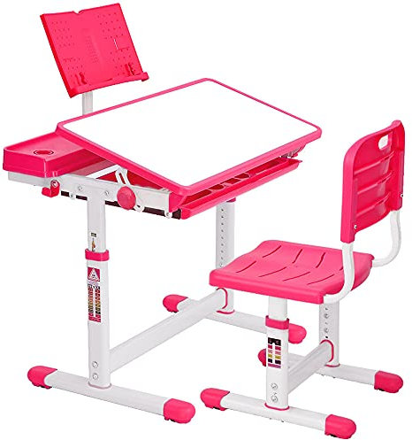 ZWJABYY Kinderschreibtisch HöHenverstellbar,Kinder Schreibtisch Set,Jugendschreibtisch,BüCherstäNder,Gekippter Schreibtisch,Ideal Zum Schreiben,Lesen Und Zeichnen.,Pink