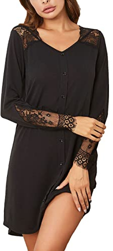 RUGAN Chemise de Nuit Femme Été Coton Sexy Dentelle Chemise de Nuit Pyjama à Manches Longues T-Shirt (Noir,XL)