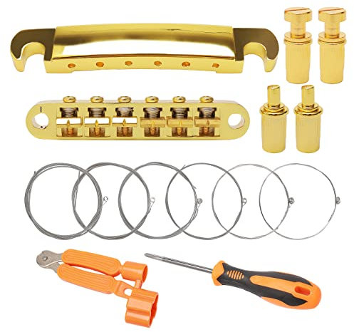 Unxuey Combo Kits 6-saitige Gold Tune-O-Matic Gitarre Bridge Saitenhalter für LP E-Gitarre Ersatzteile, inklusive Gitarren-Montagezubehör, Saiten + Saitenwickler 3-in-1 + Schraubendreher