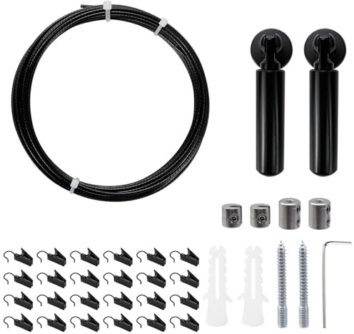 Nicerity Black Wall Mount Curtain Wire Rod Set Multifunctional Stainless Steel Clothesline Picture Hanging Wire with 24 Clips for Crafts Curtain Clothes Hanging, 16.4ft/5m