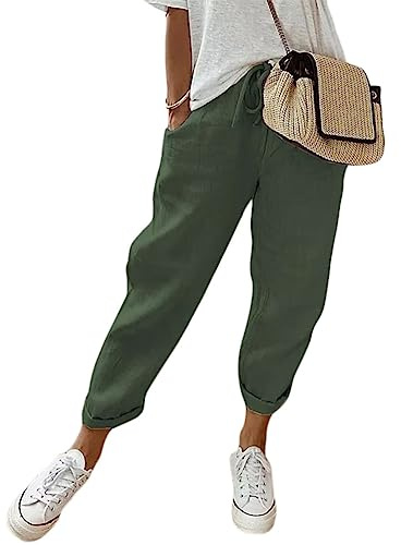 shownicer Pantalon en Coton et Lin pour Femmes Pantalon Décontracté Taille Haute à Taille élastique avec Cordon de Serrage Baggy Confortable Pantalon de Plage avec Poches A Armée Verte XS