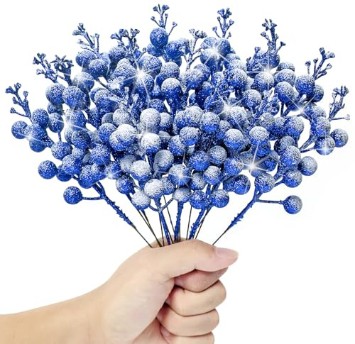 Kunjocy 12 steli di bacche natalizie glitterate innevate, decorazioni ghiacciate artificiali per ghirlande, ghirlande, ornamenti per albero di Natale (blu reale)