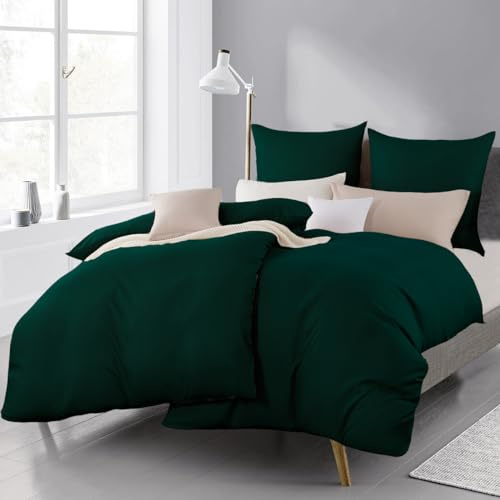 Beqnat Parure de lit 4 pièces 135 x 200 cm - Housse de couette en microfibre - Ensemble de literie vert - 1 housse de couette 135 x 200 cm et 2 taies d'oreiller 80 x 80 cm, vert foncé - Housse de