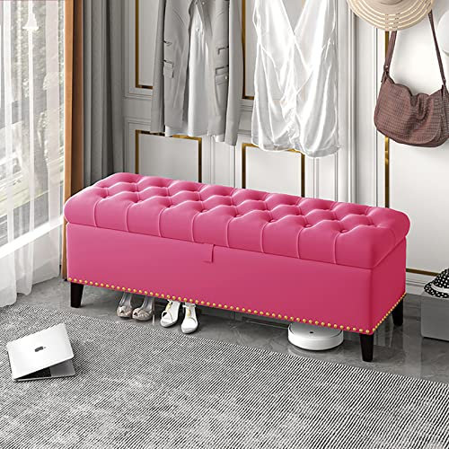 Samt-Aufbewahrungsbank,Luxuriöse Aufbewahrungsbank Ende der Bettbank,Knöpfe Polsterbank mit Stauraum,Moderne Aufbewahrungsbänke Schlafzimmerbank Aufbewahrungstruhe-Rosa rot 60x40x45cm(24x16x