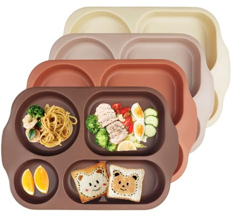 greenandlife Assiettes 5 Compartiments pour Les Adultes et Enfants, Lot de 4 Assiette Plastique Reutilisable et Incassables, sans BPA, Passe au Micro-Ondes et au Lave-Vaisselle