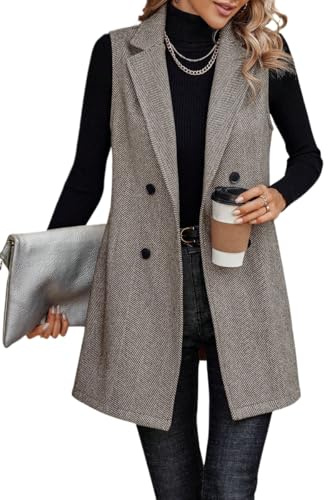 Juankrynord da Donna Senza Maniche Risvolto Bottone Anteriore Autunno Gilet in Tweed Giacca Gilet Lungo Gilet in Tweed Senza Maniche Giacca Gilet Autunno Giacca Abito Senza Maniche (Cammello,M)