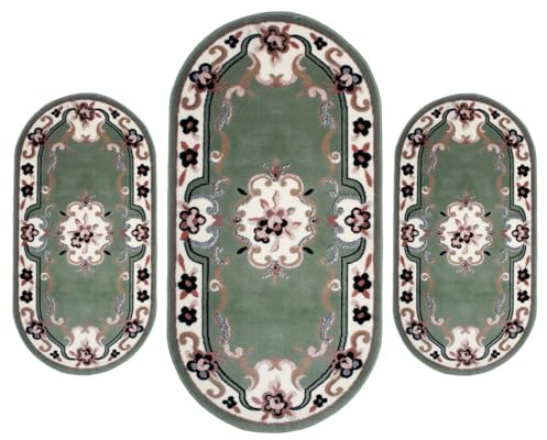 SaRani Tris Tappeto Scendiletto per Camera da letto 3 pezzi Ovale Classico Moderno Pelo Corto Motivo Floreale (Verde)