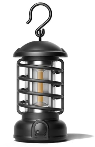 VANSUKY Vintage Campinglampe, Batteriebetriebene Retro LED Laterne mit 360° warmem Licht, IPX4 Wasserdicht, Tragbare COB Zeltlampe für Outdoor, Garten, Wandern, Notfälle (Schwarz)