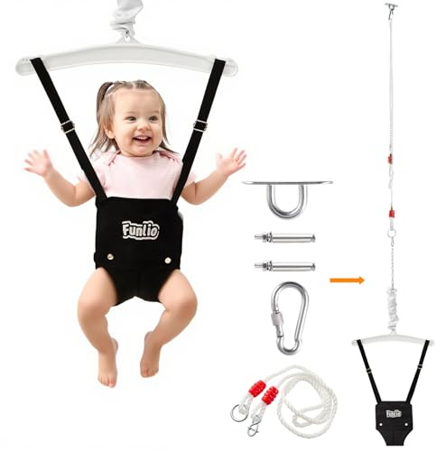 FUNLIO Baby Türhopser mit Deckenhaken für 6–24 Monate, Baby Hüpfschaukel für Drinnen und Draußen, Kleinkind Türhopser mit Verstellbarer Kette, einfach zu Montieren und Aufzubewahren - Schwarz