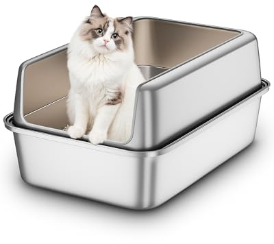 Arenero Gato Acero Inoxidable, Caja de Areneros para Gatos Grandes XXL, Arenero Todo Metálico para Gatos, WC Gatos con Bordes Altos Desmontables, Antiadherente, Sin Olores y Fácil de Limpiar