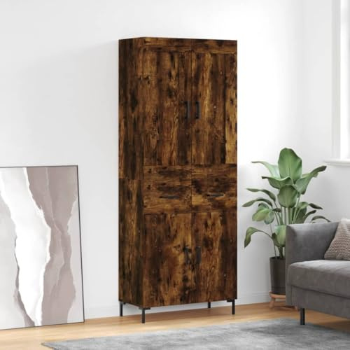QUAHEAS Highboard rökt ek trämaterial 69,5 x 34 x 180 cm, skänk med gott om lagringsutrymme, metallfötter, vardagsrumsskåp, köksbuffé, skåp för matsal och vardagsrum