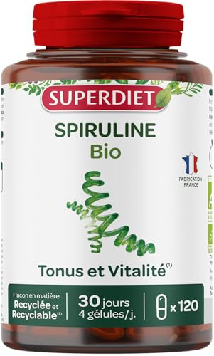 Spiruline Bio - Tonus, Vitalité, Energie - Gélules | Cure 1 mois-120 gélules-Récupération musculaire-Riche en Protéines-Défenses naturelles-Fabrication française-Vegan-Superdiet
