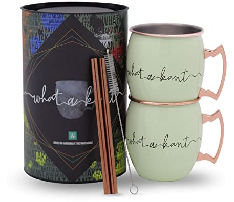 Whatakant - Moscow Mule Becher Set - 2er Großschot in Mintgrün - 550 ml nachhaltige Kupferbecher und gerade Kupferstrohhalme in Geschenkverpackung - wiederverwendbares plastikfreies Bar Cocktail Set