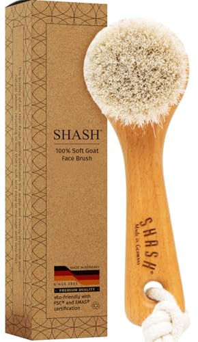 SHASH Since 1869 Hand Made in Germany - Sustainable Exfoliating Face Brush, Scrub Cleansing Brush, Exfoliates Skin to Help Reduce Flaking, Fine Lines, Supports Glowing Complexion (Soft Goat Bristle)