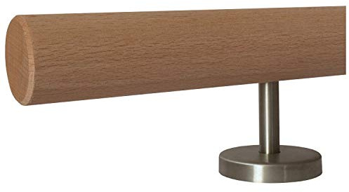 TIBU Handlauf Holz Buche unbehandelt 0,3m-5m Geländer Wand Treppe Griff Ø 42 mm, Länge 600mm - 2 Edelstahl Halter - Enden: gefast