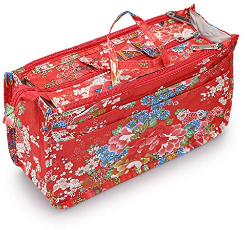 IGNPION Organiseur de sac à main à 13 poches avec doublure extensible et fermeture éclair avec poignée (fleur rouge