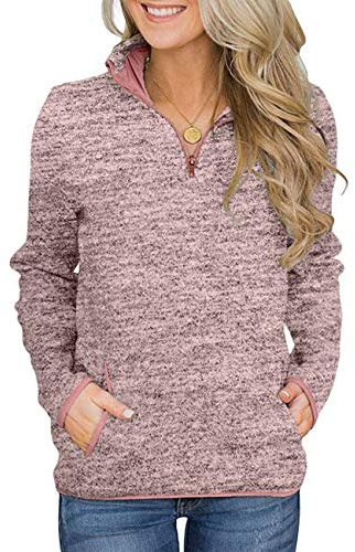 iWoo Ladies Sweatshirt Stylish Soft Jumper Casual Loose Fit Plain Large Thin Womens V Neck Pullover Clothing with Pockets Pink L