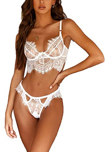 VicSec Femme Sexy Ensemble de Soutien-Gorge et Culotte, Set de Lingerie Érotique Romantique en Dentelle Maille Transparente Douce Bralette sans Armature Sous-Vêtement pour Dormir, blanc, L