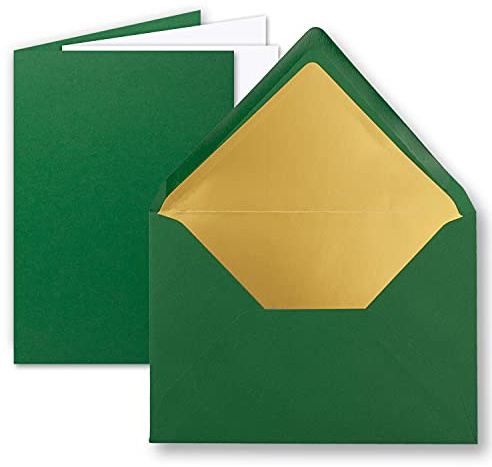 50 Sets - Faltkarten DIN A5 - Dunkelgrün (grün) mit Umschläge DIN C5 mit Gold Metallic Futter und weißen Einleger - 14,8 x 21 cm - FarbenFroh by GUSTAV NEUSER