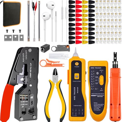 MAYLINEE- Juego de Herramientas de corte de red RJ45 Crimpadora Cat7 CAT5 CAT6 pelacables alicates, 50 Conectores Profesional de Mantenimiento de la LAN, Pelador de cables de red (Naranja)