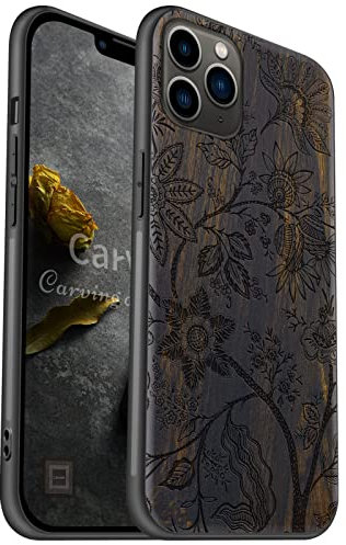Carveit Coque Compatible avec iPhone 11 Pro Max Étui en Bois [Etui en Bois Rigide Antichoc avec Cadre en TPU] Téléphone Étui pour 11 Pro Max Case Coque (Bois Sombre-Fleurs fantastiques)