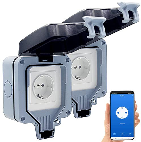 Luminea Home Control Außensteckdose: 2er-Set Outdoor-WLAN-Aufputzsteckdosen, Sprachsteuerung, Messung, App (Steckdose Outdoor, WiFi Außensteckdose, Weihnachtsbaumbeleuchtung)
