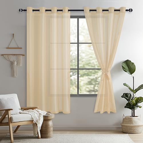 DWCN 2er Voile Gardinen Halbtransparent Kurz mit Ösen Leicht Ösenvorhang | Beige, 145x140cm(HxB), Leicht Vorhang mit Vorhang-Krawatten Schienensystem Vorhänge für Wohnzimmer, Schlafzimmer, 2 Stücke