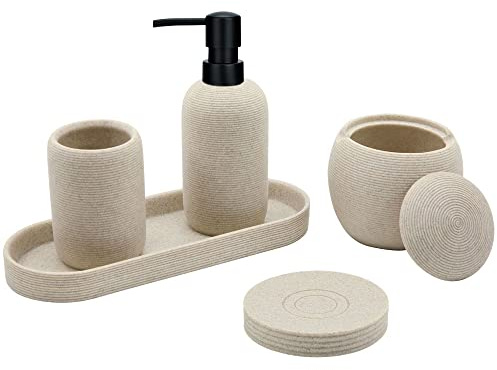Beige Resin Bathroom Accessory Set, 5 Pcs Bathroom Accessories Set with Lotion Dispenser,Soap Dish,Toothbrush Holder,Vanity Tray,Qtip Holder Dispenser, Modern Bathroom Decor and Housewarming Gift Set