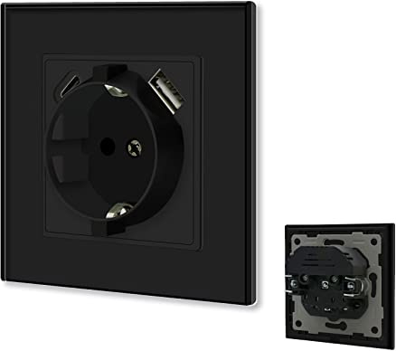 BSEED Schuko-Steckdose mit USB/Typ C 16A mit Steckklemme, Unterputz, 3,1A, Dual USB/Typ C, 86mm, Einbaudose, schwarz