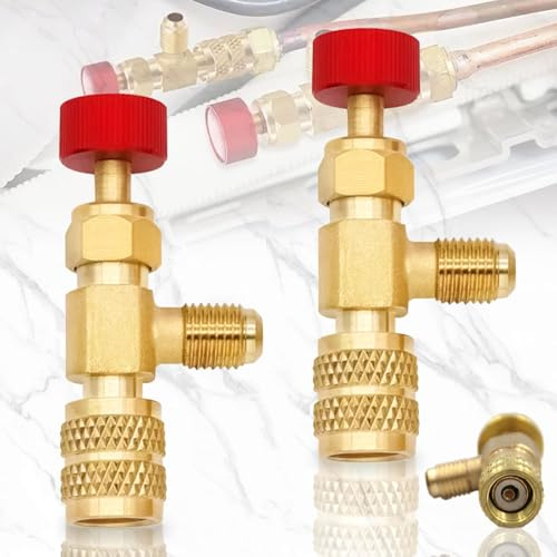 Brateuanoii 2 Stück Durchflussregelventil Für Klimaanlagen Aus Messing | Flüssig Sicherheits Ventil R410A R22 Klimaanlage Kältemittel 1/4 Sicherheits Adapter Konditionierung Kältemittel Ventil(Rot)