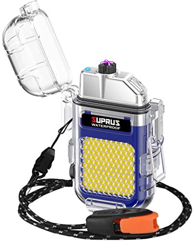 SUPRUS Windproof Waterproof Lighter Dual Arc Plasma Electric Rechargeable Lighter with Survival Emergency Whistle and Lanyard for Camping Blue