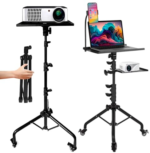 Prozipy Laptop & Projector Tripod Stand Adjustable Height 26 to 51” Wheely Portable Laptop Stand With Gooseneck Phone Holder - For Movie, Meeting, Book, DJ Equiqment