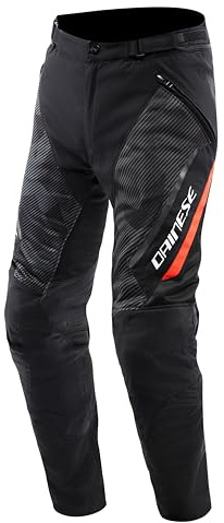 Dainese - Drake 2 Super Air Tex Pants, Pantalones de Moto de Malla, Ventilados y Ligeros, con Protectores Extraíbles, Hombre, Negro/Antracita/Rojo-Fluo, 46