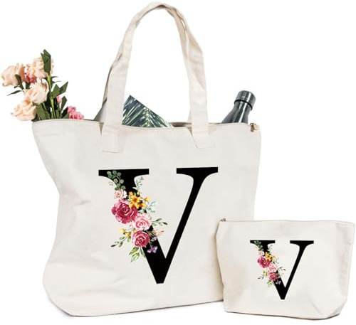 Tragetasche und Kosmetiktasche mit Initial, Canvas Einkaufstasche mit Reißverschluss, Personalisiert Initialen Baumwolltasche Geschenk für Freundin Frau Mama Schwester Geburtstag Hochzeit Muttertag V