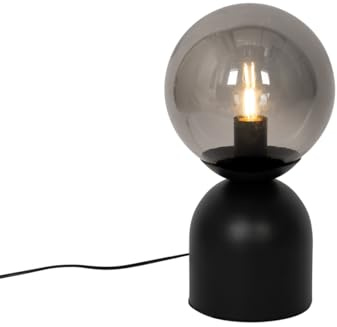 Qazqa Hotel chic Tischleuchte mit Glas, Tischlampe - Pallontrend - Schwarz mit Rauchglas, max. 15W, Geeignet für LED, 35cm, Ideal als Schlafzimmerlampe und Wohnzimmerlampe