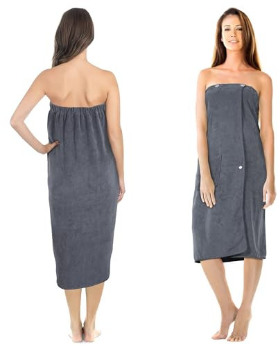 Jokisa Saunakilt Damen, Saunahandtuch mit Knöpfen–Saunatuch Damen aus 400 g/m² Mikrofaser, mit Taschen und Gummiband, Handtuchkleid Geeignet für Sauna, Badezimmer, Schwimmbad (Gray)